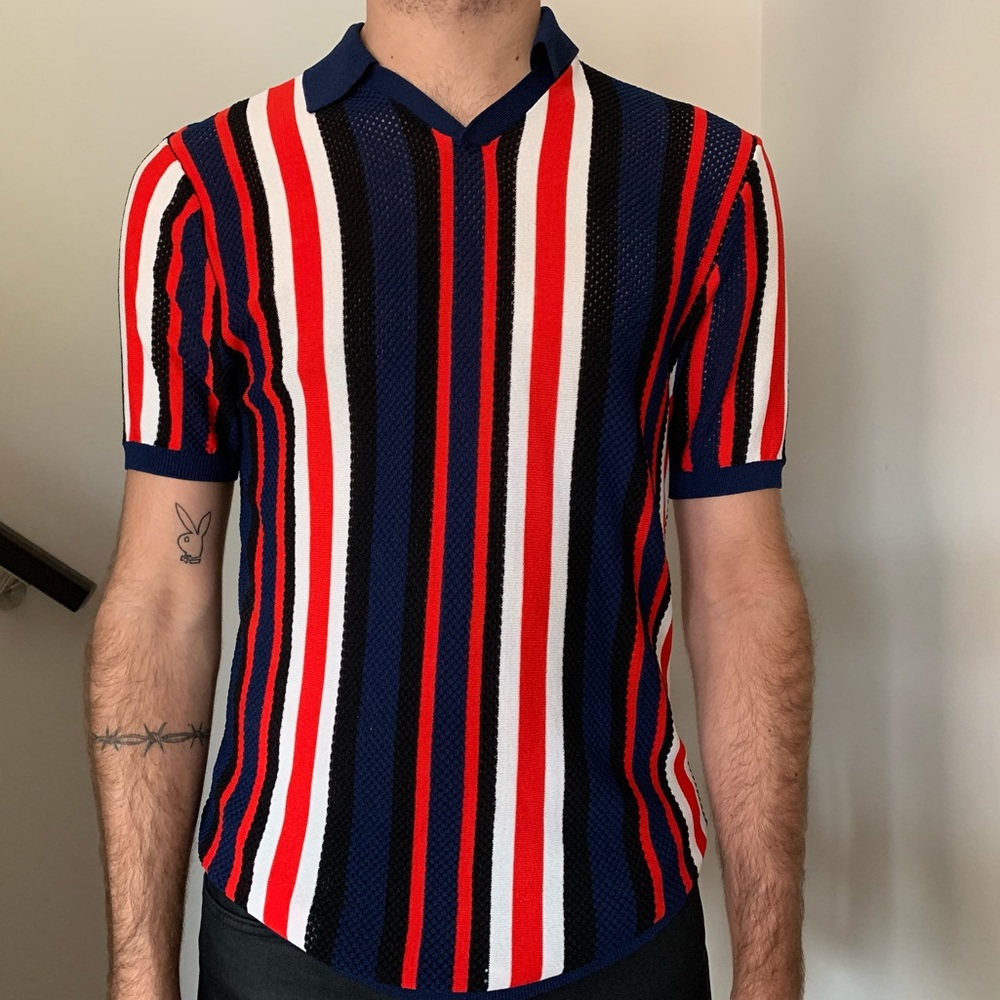 TOPMAN Mesh Striped Polo Sweater, short sleeve